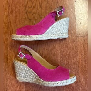 Paseart Fuchsia Suede Espadrille Wedge Sandals w/ Rhinestone Buckle. Size 8 1/2